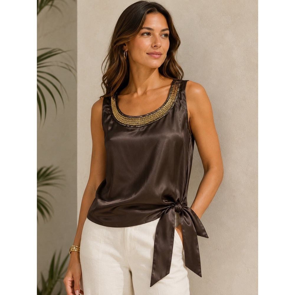 Laundry by Shelli Segal 100% Silk Sequin Embellished Knit Tank Y2K New #XX-1